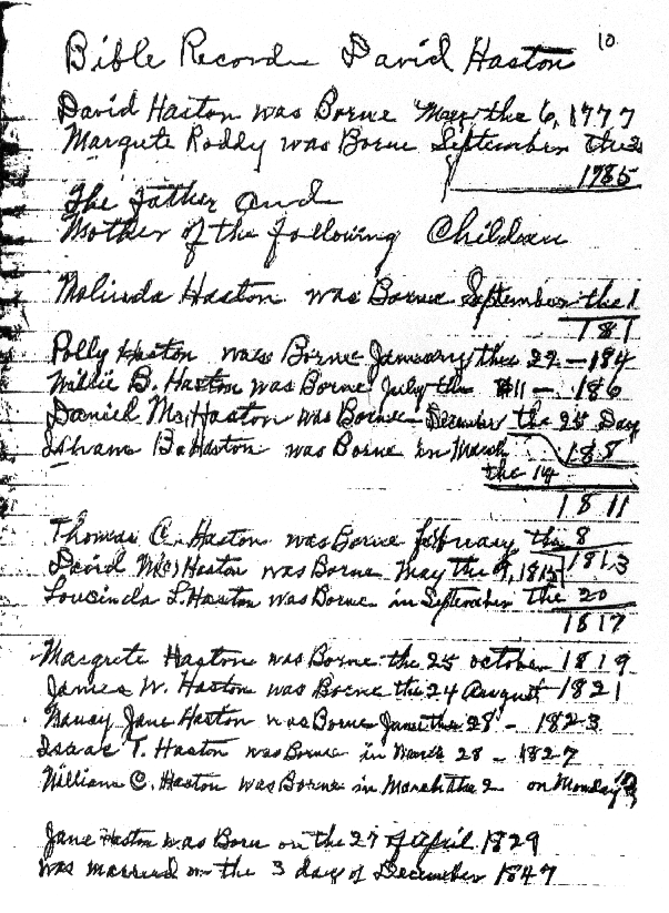 David Haston's Family Bible Record