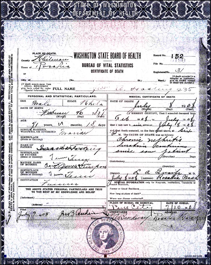 Death Certificate of Jesse Axley Hasting
