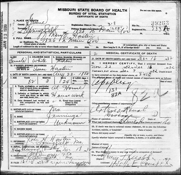Mary E. Hasten - Death Certificate