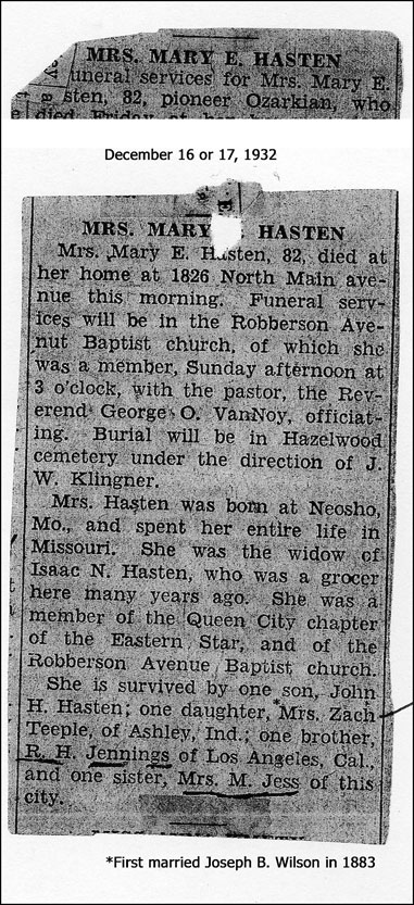 Obit for wife of Isaac N. Hasten