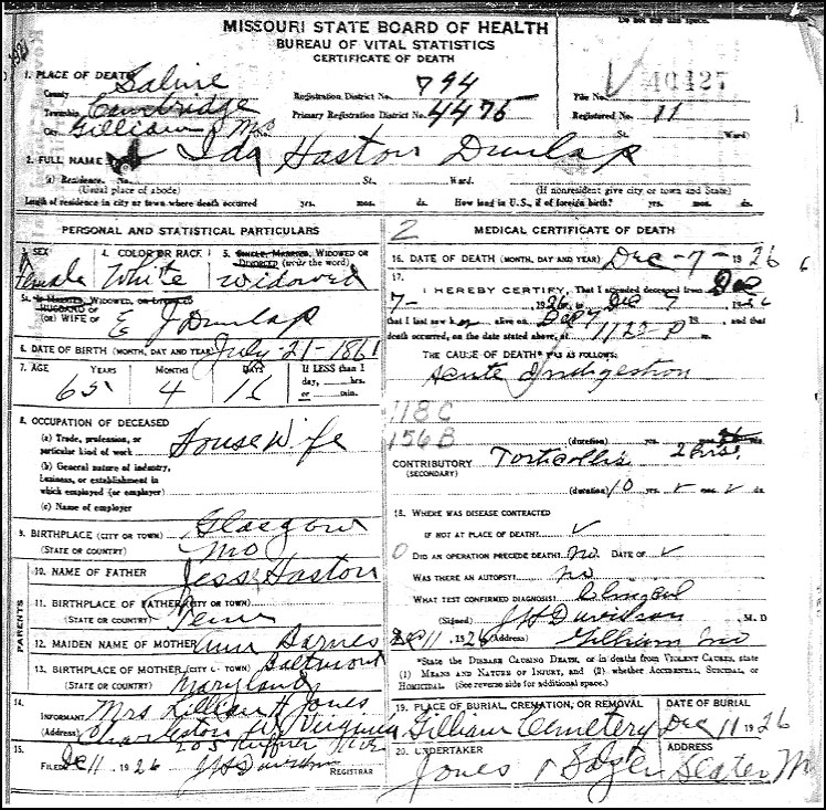 Lillian Haston Dunlap death certificate