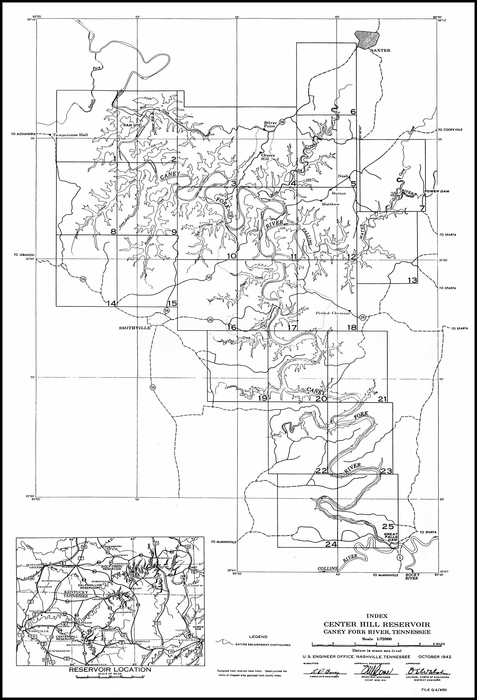 1942 Map of the Caney Fork River Below Great Falls Dam