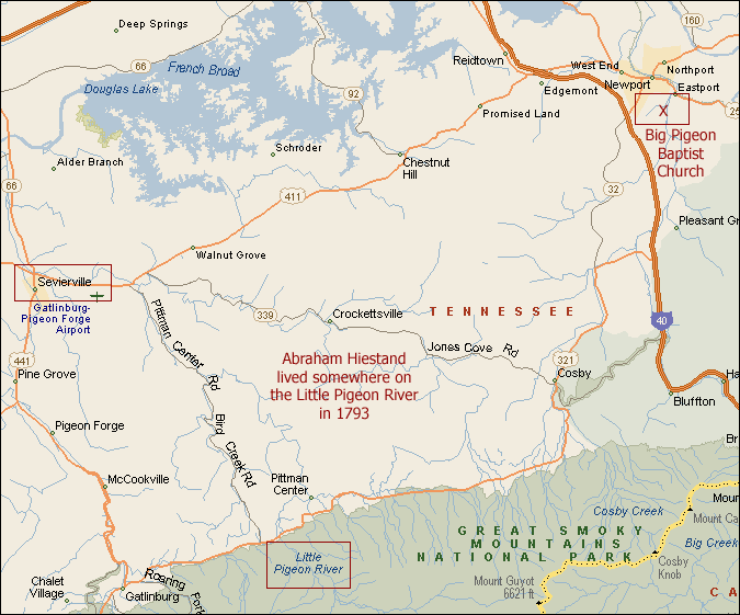 Area Where Abraham Hiestand lived in relation to Big Pigeon Baptist Church location