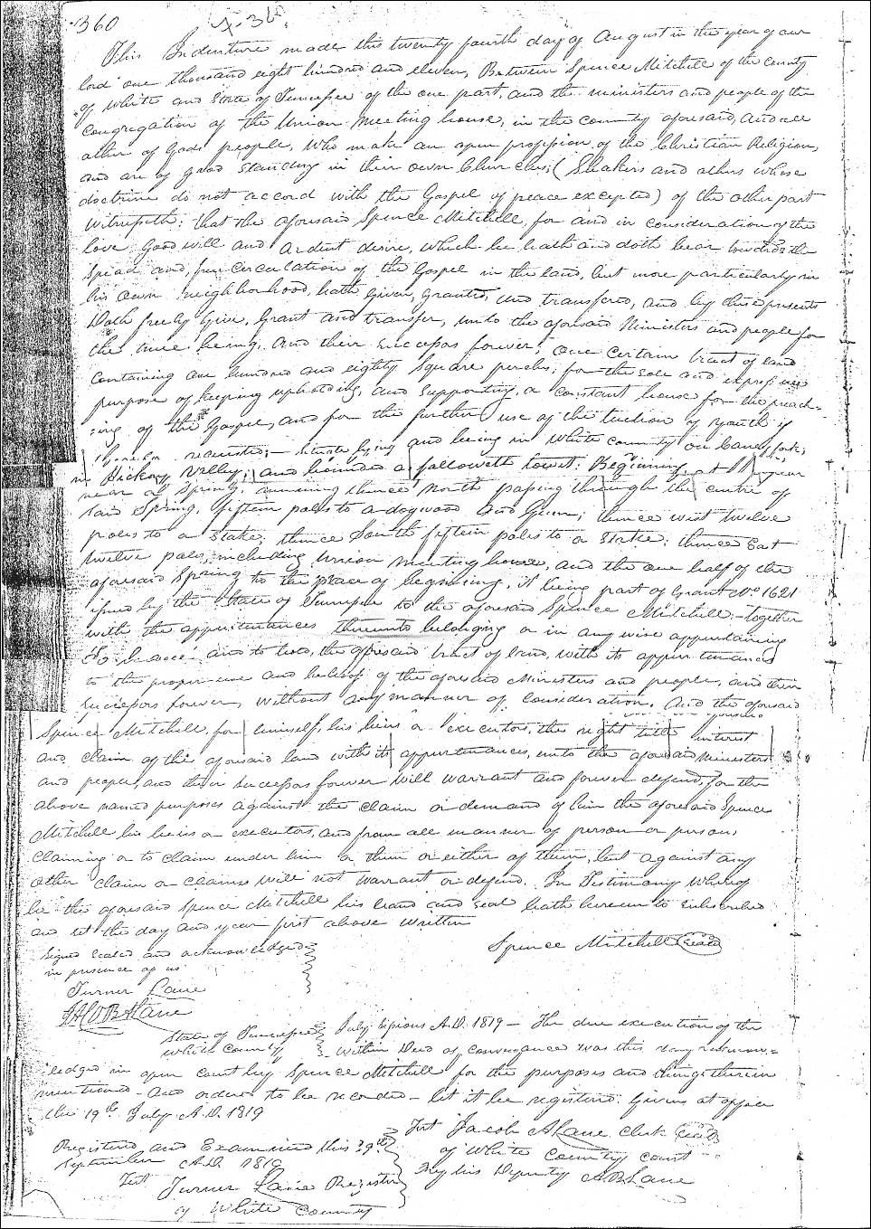 1811 Land Deed from Spence Mitchell to Union Meeting House