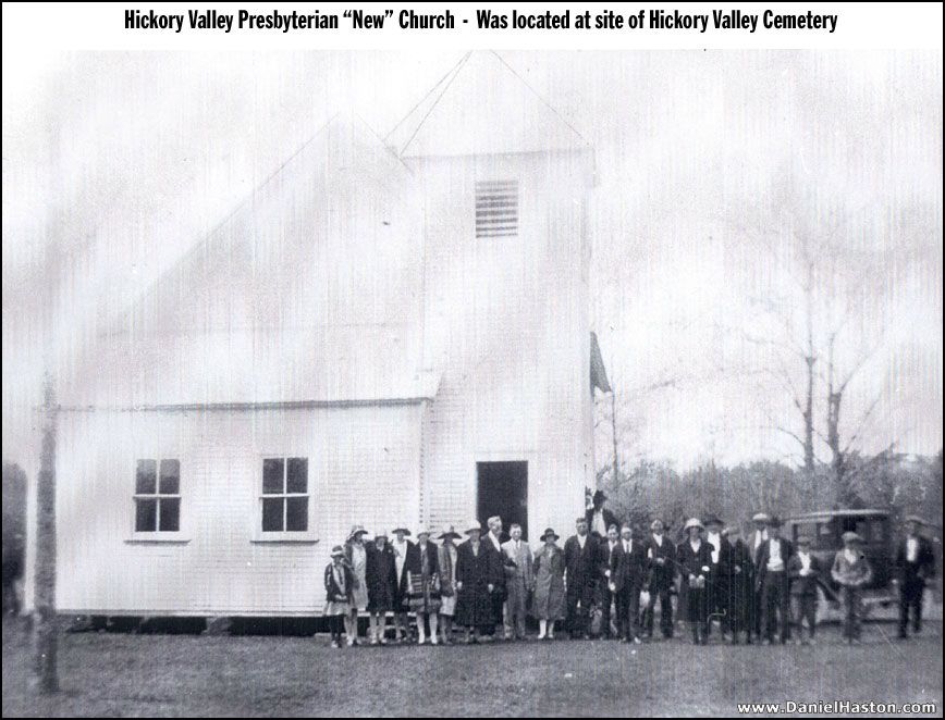 Original building of Hickory Valley Presbyterian Church (split from Old Union Cumberland Presbyterian) near fork of Old Union and Hickory Valley roads