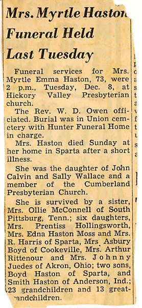 Obit. of Myrtle Wallace Haston