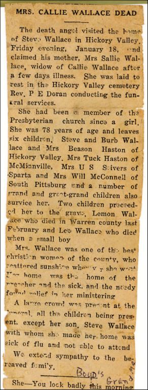 Obit. of Sarah "Sallie" Burden Anderson Wallace